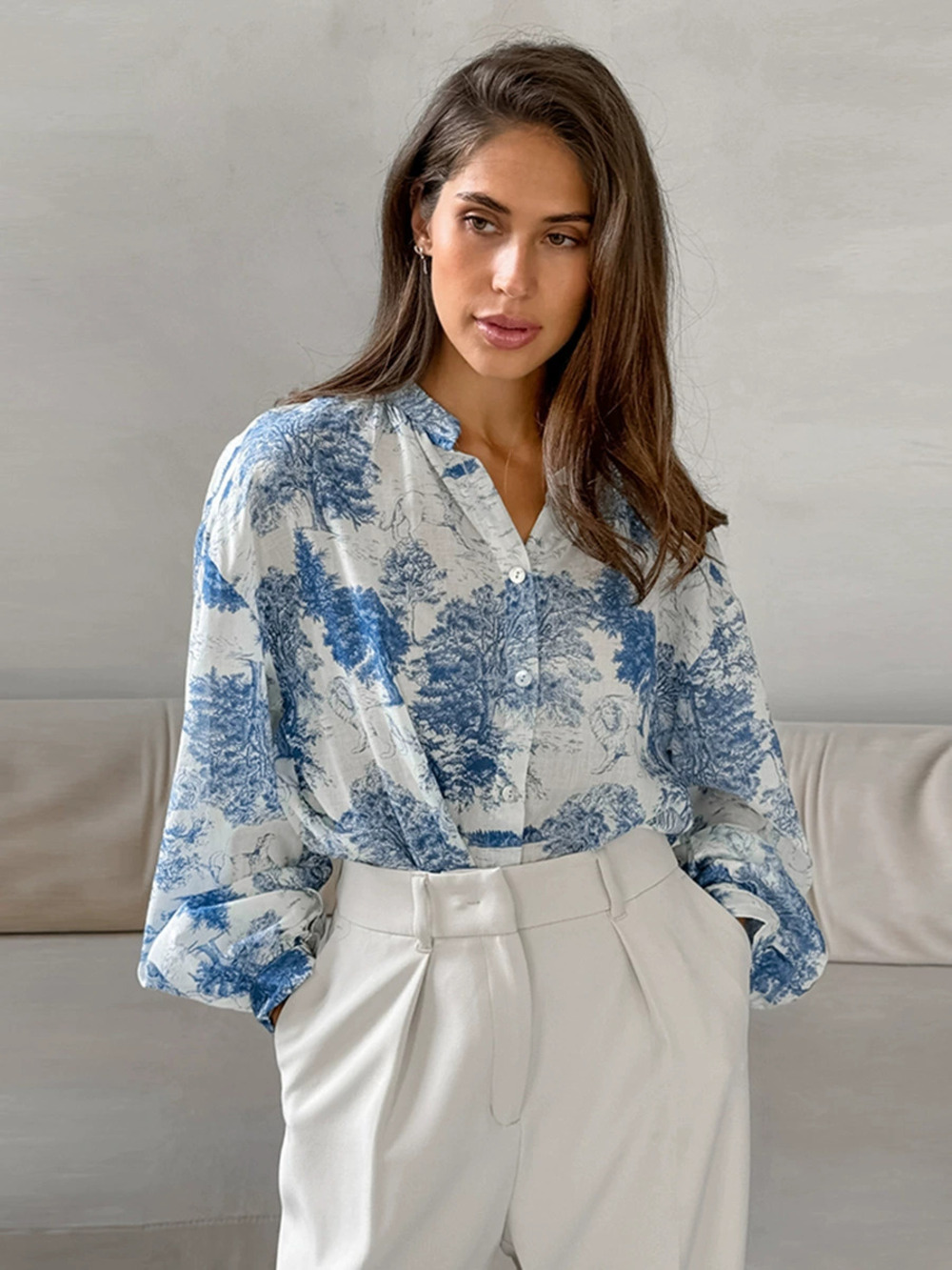 Forever 21 Spring Chinese Style Stand Collar Print Lantern Sleeve Blouse